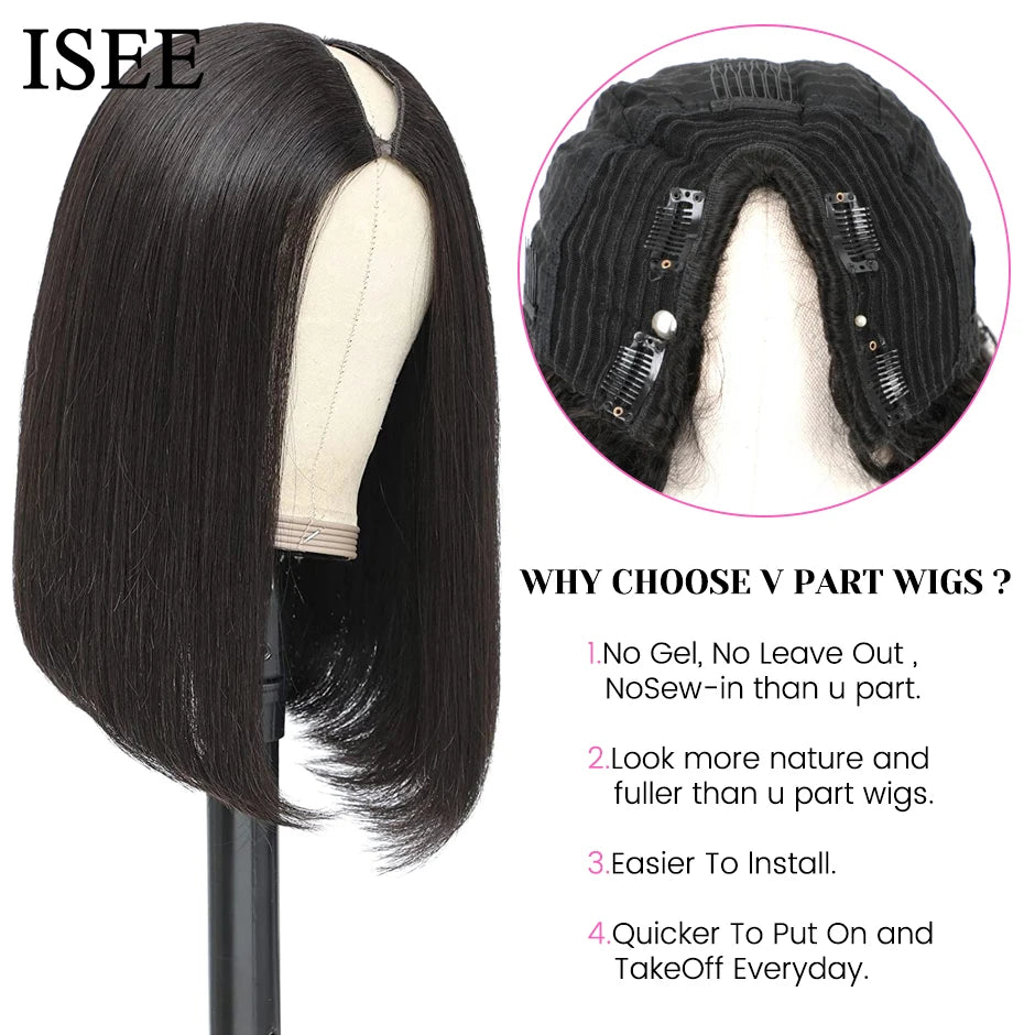 Glueless V Part Wig 180%% Density Brazilian Straight Human Hair Wigs for Women Eye Catching Short Length Full Machine Wig