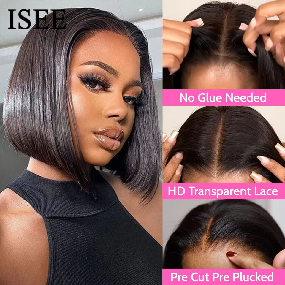 Glueless Human Hair Wig Bob HD Lace Straight Frontal Pre Plucked Ready To Go