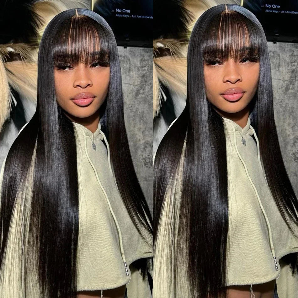 Brazilian Bone Straight Long 100% Human Hair Wigs With Bangs Natural Black Fringe Wig With Bangs cheap wigs