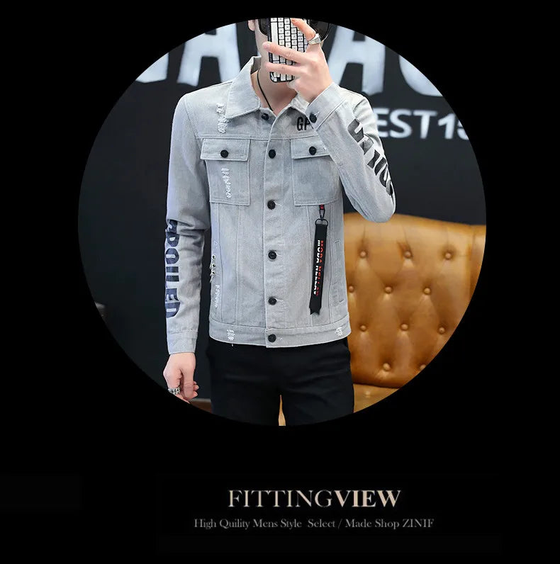 2025 Spring New Men's High-Quality Denim Jacket Korean Fashion Street Hip Hop Style Loose Casual Black Coats for Daily Wear