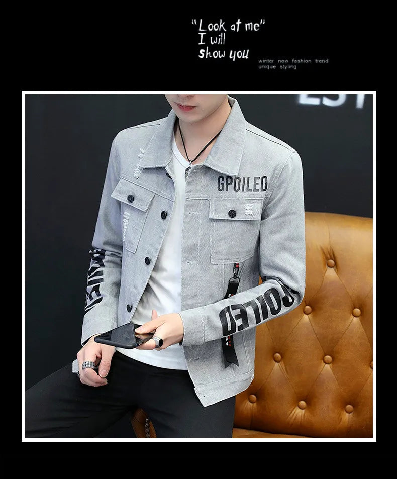 2025 Spring New Men's High-Quality Denim Jacket Korean Fashion Street Hip Hop Style Loose Casual Black Coats for Daily Wear