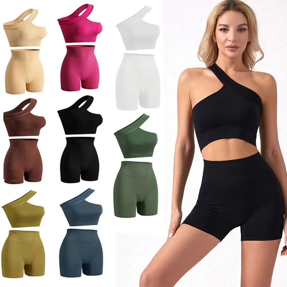 High Waist Seamless Women's Workout Set One Shoulder Active Wear Tank Top Ribbed Sports Yoga Set for Fitness