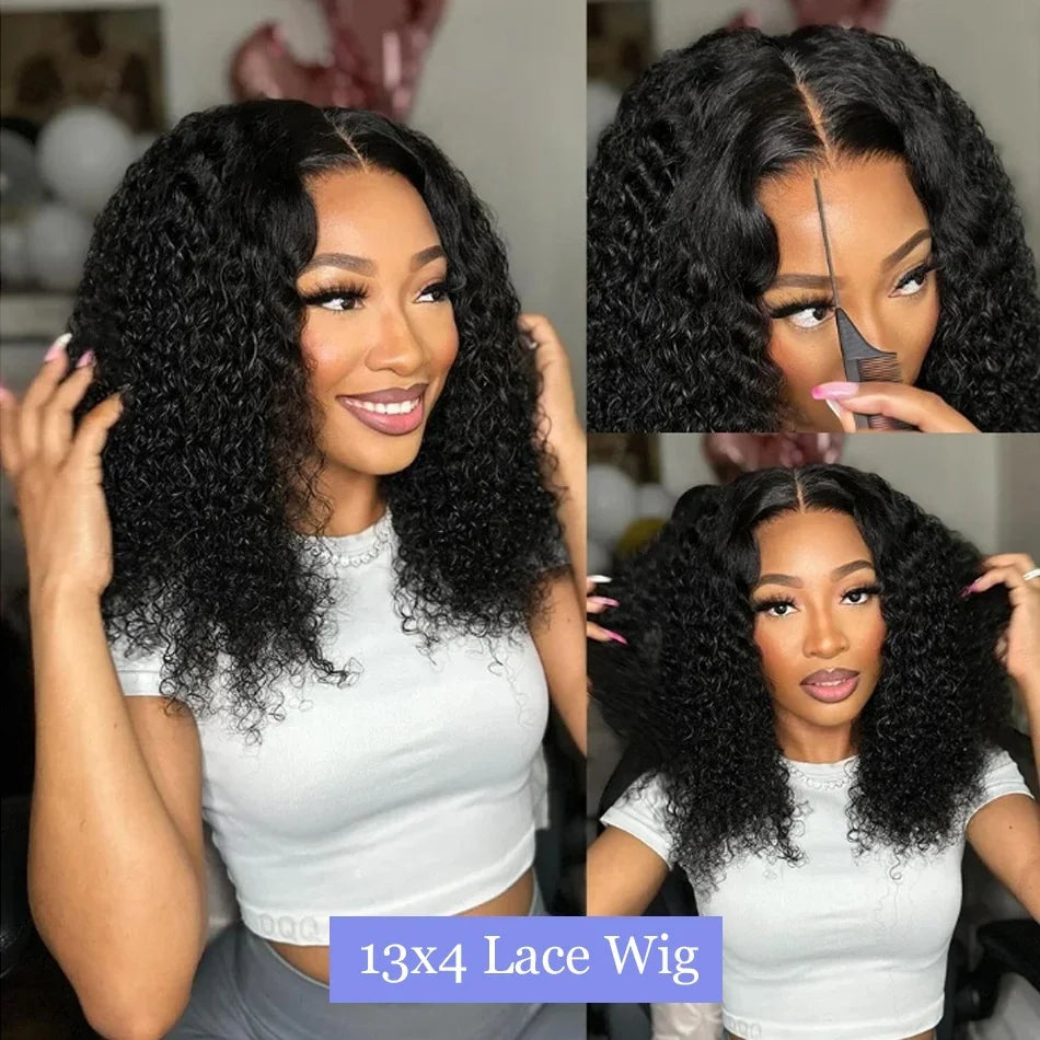 Human Hair Wig 200% Density Deep Wave Bob Wigs 13×4 Lace Front Black Brazilian Remy Wig