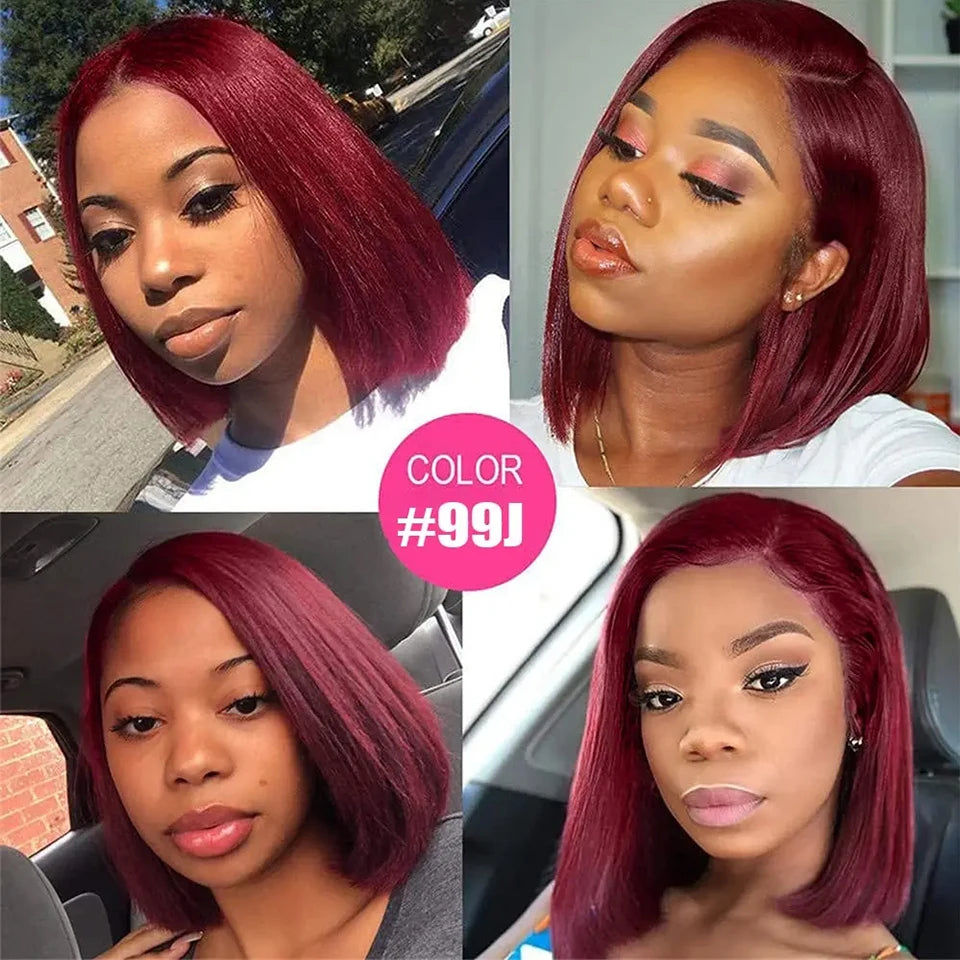 Glueless Burgundy Transparent Short Bob Human Hair Wigs Color 99J Red Bone Straight Lace Front Wig