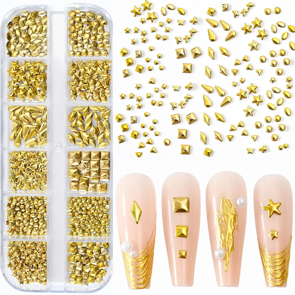 Gold Metallic Moon Star Nails Sequins Charms 3D Nail Art Tips Decoration 3D Metal Moon Star Sun Bead Rivet Nail Jewelry