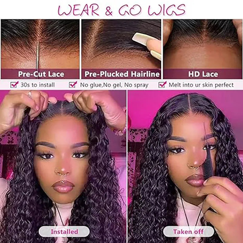 Hair 6X4 HD Water Wave Lace Frontal Wig Pre Bleached Knots Curly Wig Wear And Go Glueless Human Hair Wig Pre Cut PrePlucked