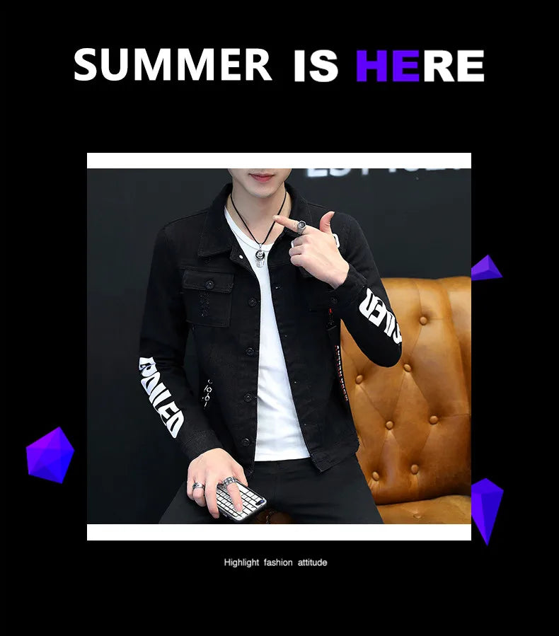 2025 Spring New Men's High-Quality Denim Jacket Korean Fashion Street Hip Hop Style Loose Casual Black Coats for Daily Wear