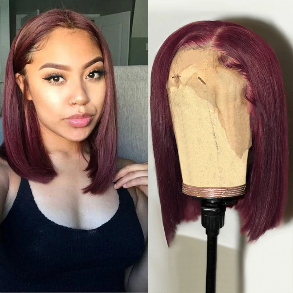 Glueless Burgundy Transparent Short Bob Human Hair Wigs Color 99J Red Bone Straight Lace Front Wig