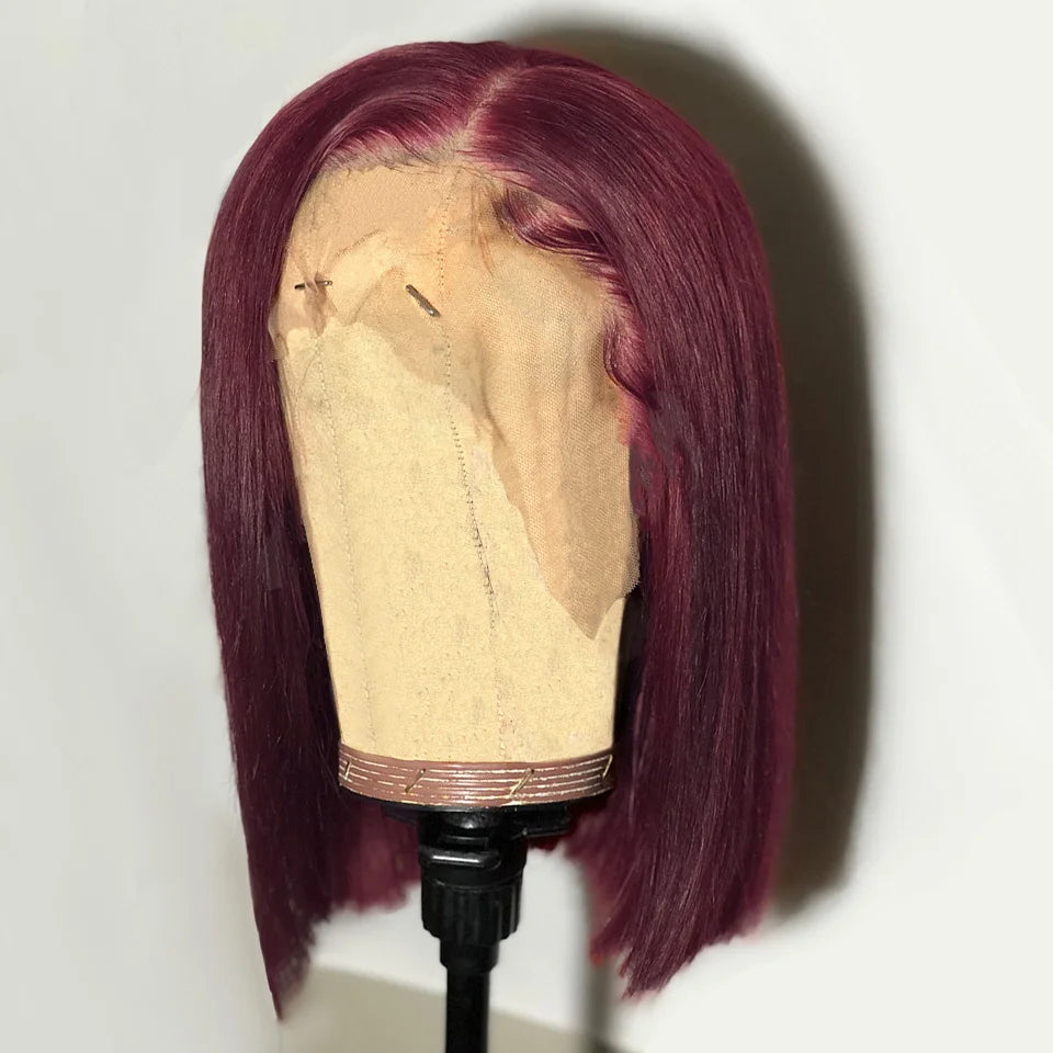 Glueless Burgundy Transparent Short Bob Human Hair Wigs Color 99J Red Bone Straight Lace Front Wig