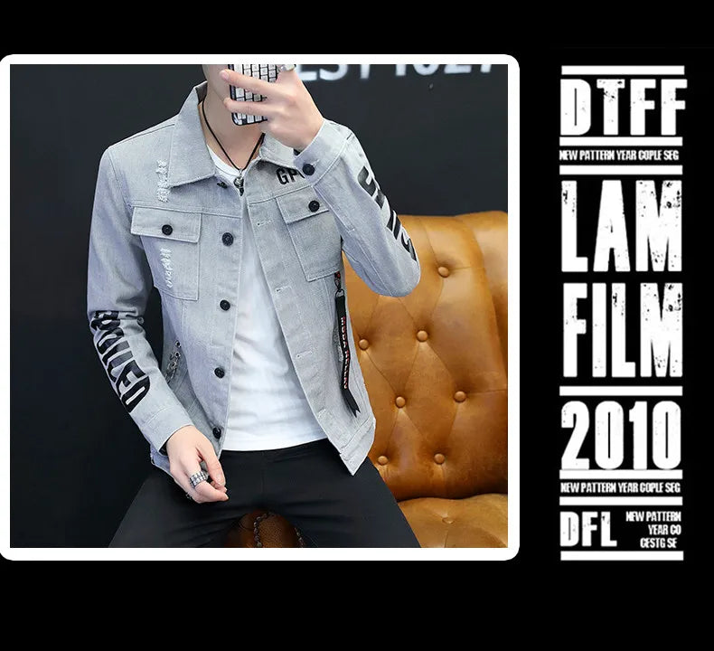 2025 Spring New Men's High-Quality Denim Jacket Korean Fashion Street Hip Hop Style Loose Casual Black Coats for Daily Wear