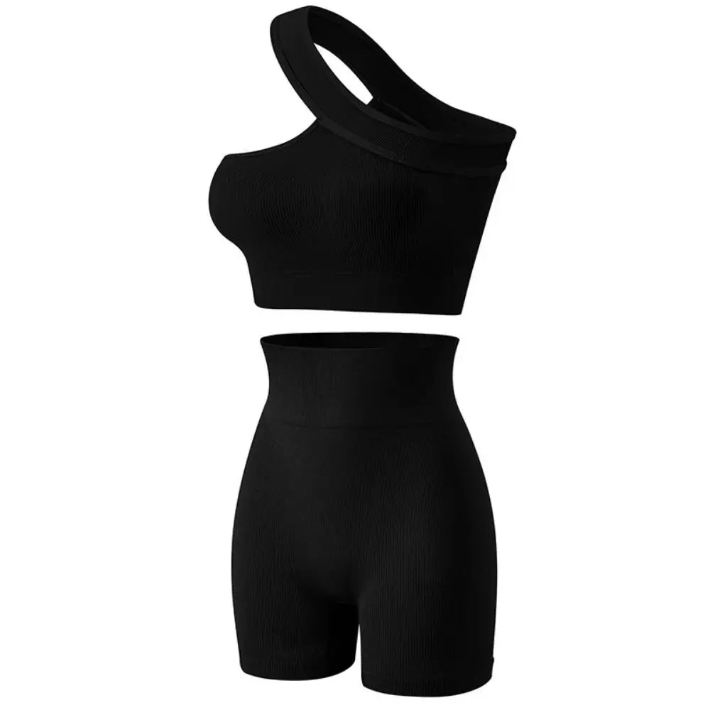 High Waist Seamless Women's Workout Set One Shoulder Active Wear Tank Top Ribbed Sports Yoga Set for Fitness