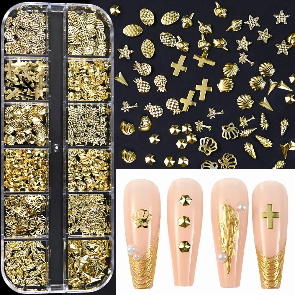 Gold Metallic Moon Star Nails Sequins Charms 3D Nail Art Tips Decoration 3D Metal Moon Star Sun Bead Rivet Nail Jewelry