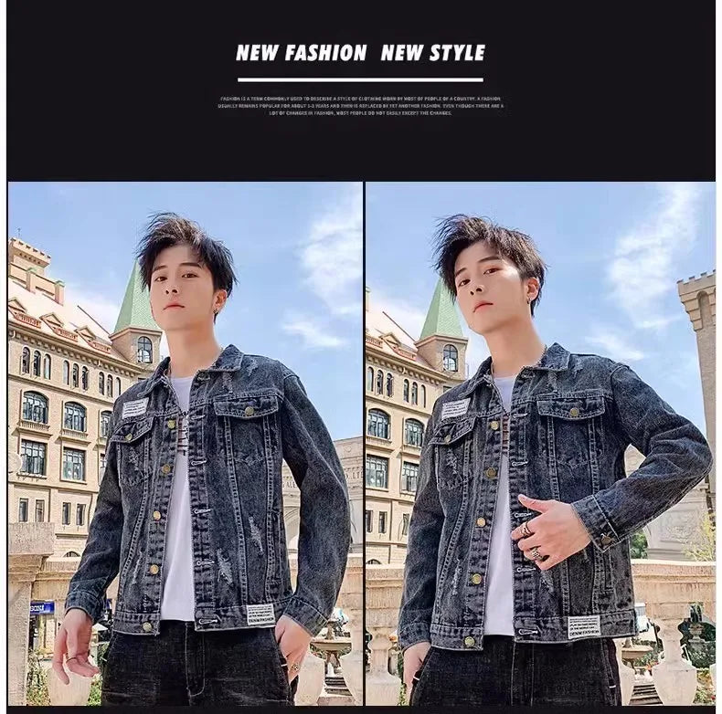 2025 Spring New Men's High-Quality Denim Jacket Korean Fashion Street Hip Hop Style Loose Casual Black Coats for Daily Wear