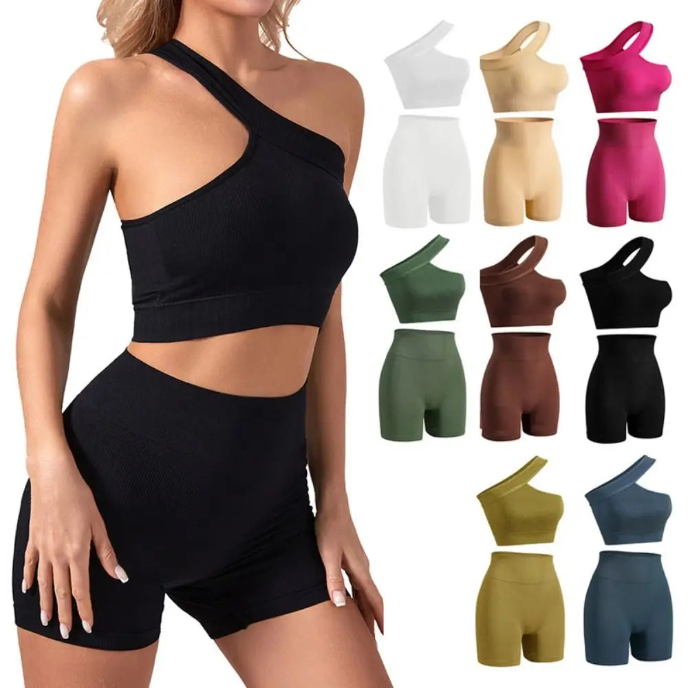 High Waist Seamless Women's Workout Set One Shoulder Active Wear Tank Top Ribbed Sports Yoga Set for Fitness