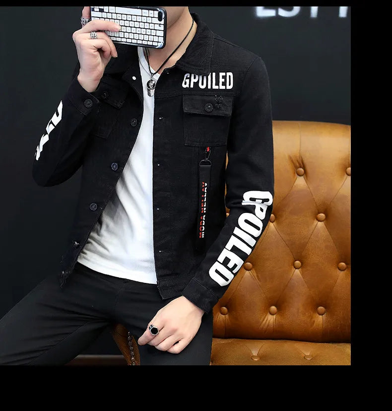 2025 Spring New Men's High-Quality Denim Jacket Korean Fashion Street Hip Hop Style Loose Casual Black Coats for Daily Wear