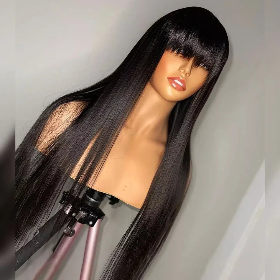 Brazilian Bone Straight Long 100% Human Hair Wigs With Bangs Natural Black Fringe Wig With Bangs cheap wigs