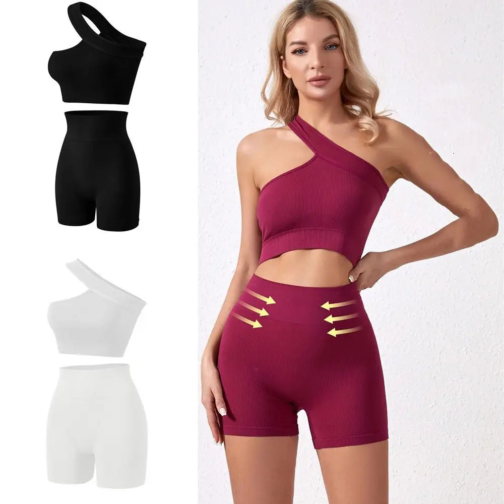 High Waist Seamless Women's Workout Set One Shoulder Active Wear Tank Top Ribbed Sports Yoga Set for Fitness