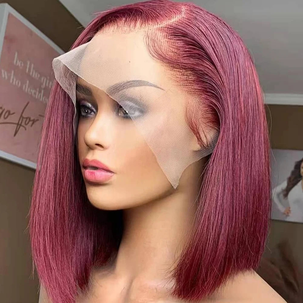 Glueless Burgundy Transparent Short Bob Human Hair Wigs Color 99J Red Bone Straight Lace Front Wig