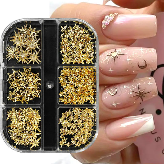 6Girds Metal Stars Nail Rivet Studs Decoration 3D Gold Starlight Sparkle Jewelry Nail Charms Alloy Metallic Manicure Accessories