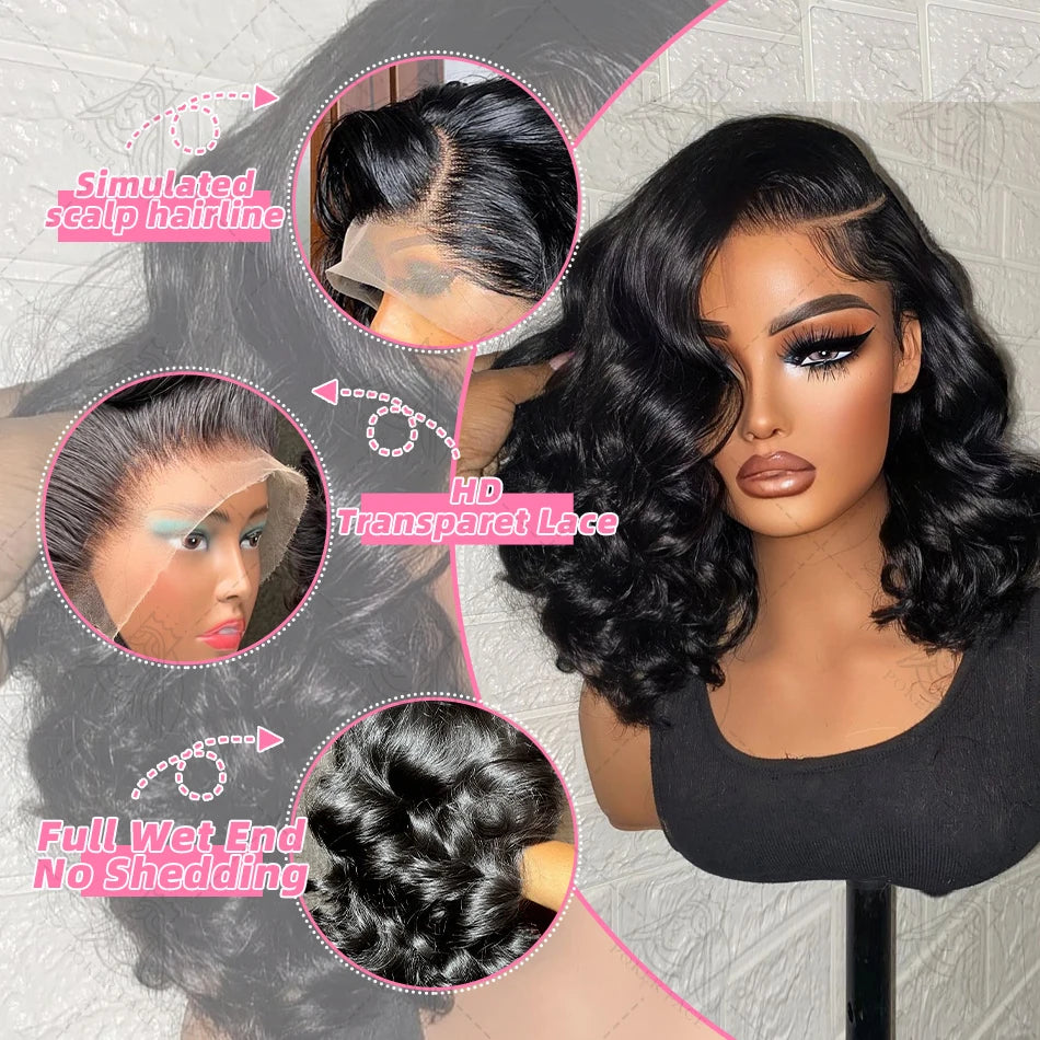 Brazilian Body Wave Short Bob 13x4 13x6 HD Transparent Lace Front Human Hair Wigs 5x5 high density  Lace Frontal