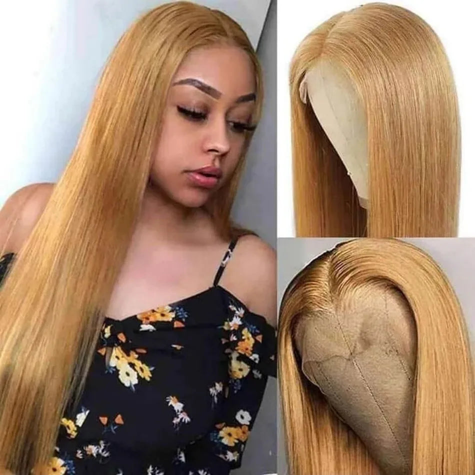 27 Honey Blonde Straight Human Hair Wig 13x6 Hd Lace Frontal Wig 250 Density Pre-plucked Transparent Wig