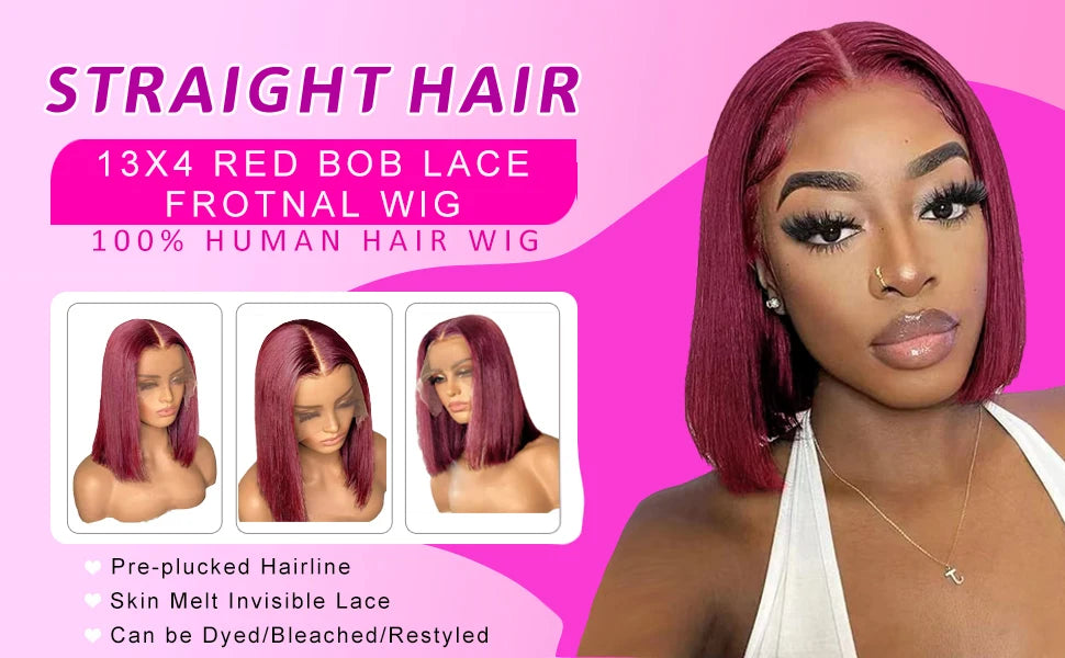 Glueless Burgundy Transparent Short Bob Human Hair Wigs Color 99J Red Bone Straight Lace Front Wig