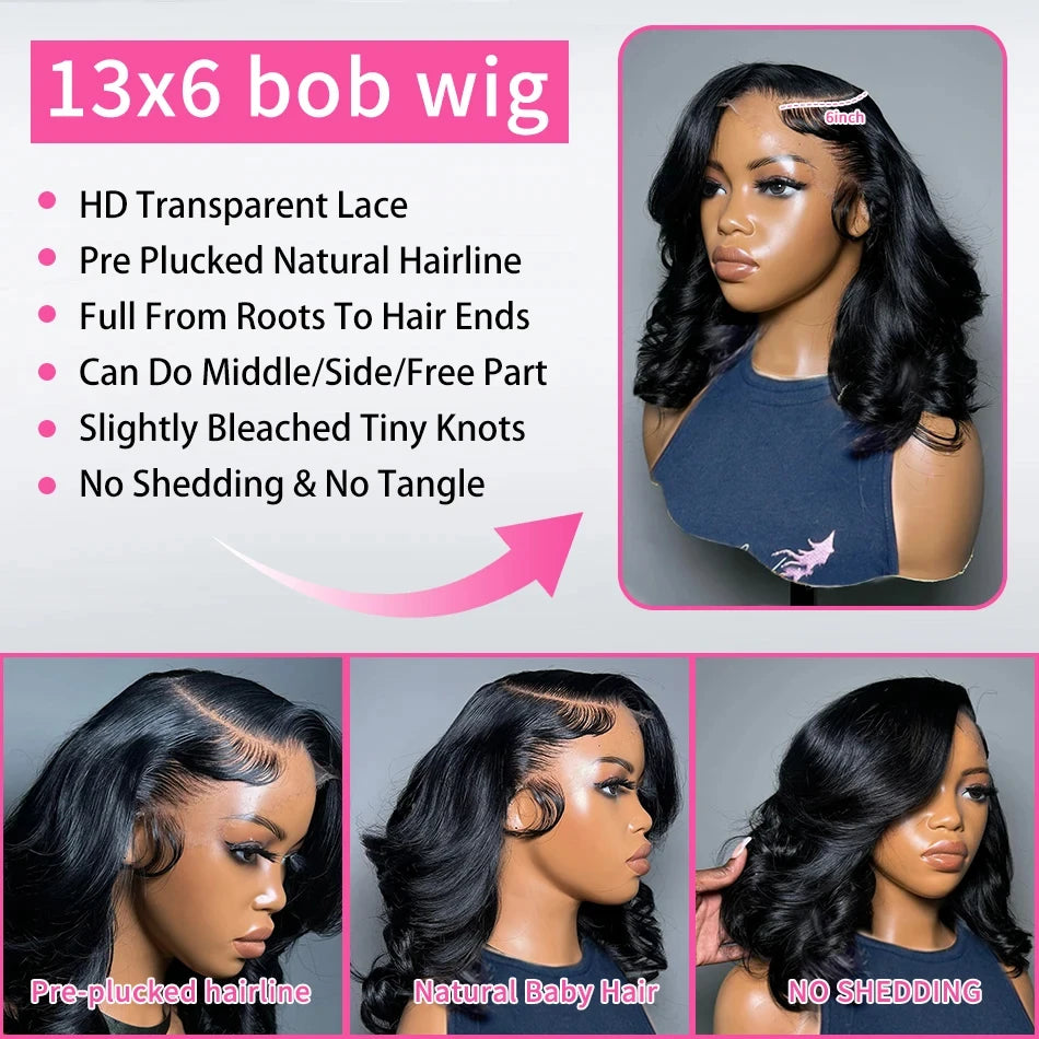 Brazilian Body Wave Short Bob 13x4 13x6 HD Transparent Lace Front Human Hair Wigs 5x5 high density  Lace Frontal